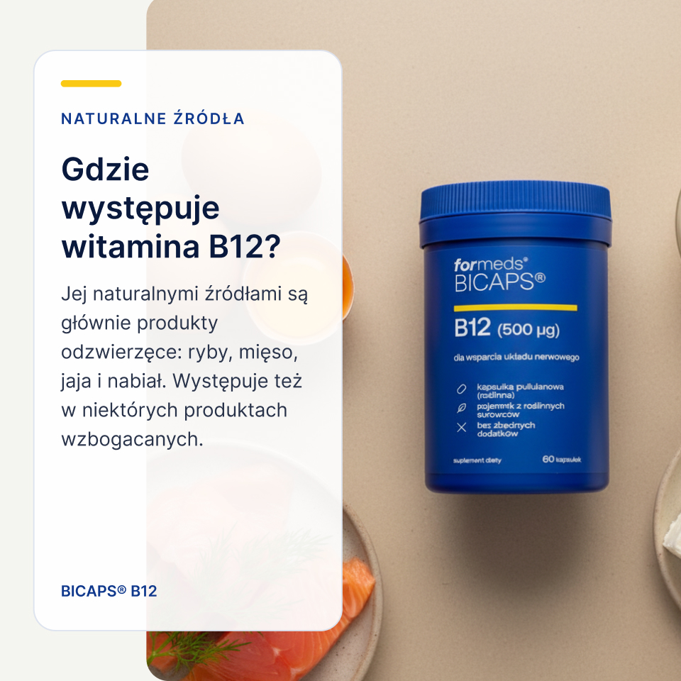 Karta o źródłach witaminy B12, słoik Bicaps B12 przy rybach i nabiale